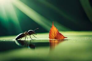 a small insect is standing on the water with a leaf. AI-Generated photo