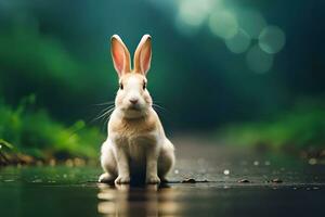 a white rabbit sitting on the ground in the rain. AI-Generated photo