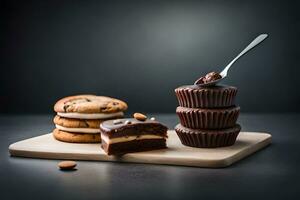 chocolate cupcakes and cookies on a cutting board. AI-Generated photo
