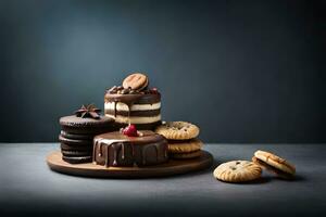 a cake with cookies and chocolate on a wooden plate. AI-Generated photo