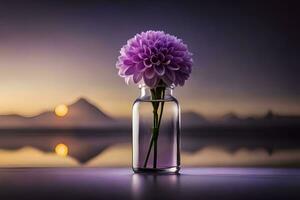 purple flower in a glass vase on a table. AI-Generated photo