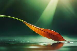 a single leaf on the water with sunlight shining through. AI-Generated photo