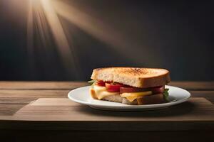 a toasted sandwich with cheese and tomato on a wooden table. AI-Generated photo