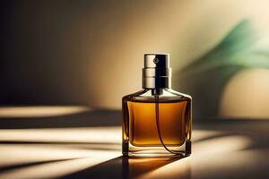 a bottle of perfume sitting on a table. AI-Generated photo