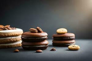 chocolate cookies and coffee beans on a dark background. AI-Generated photo