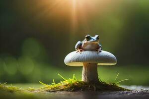 a frog sits on top of a mushroom in the sunlight. AI-Generated photo