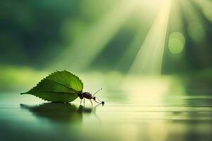 a leaf is sitting on the water with sunlight shining through. AI-Generated photo