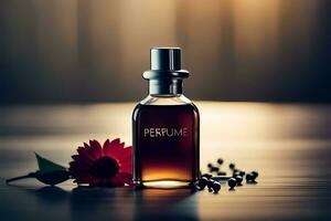 perfume bottle with red flower on wooden table. AI-Generated photo