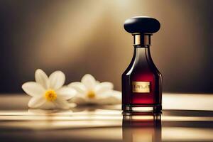 un botella de perfume sentado en un mesa con flores generado por ai foto