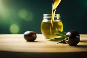 olive oil pouring into a jar on a wooden table. AI-Generated photo