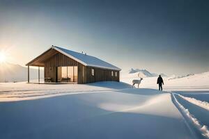 a man walking his dog in front of a cabin in the snow. AI-Generated photo