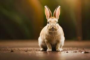 a rabbit sitting on the ground with a bright light behind it. AI-Generated photo