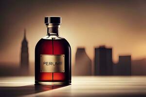 a bottle of perfume sitting on a table in front of a cityscape. AI-Generated photo