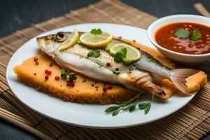 un pescado con limón rebanadas y salsa en un lámina. generado por ai foto