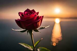 a red rose is in front of the sun at sunset. AI-Generated photo