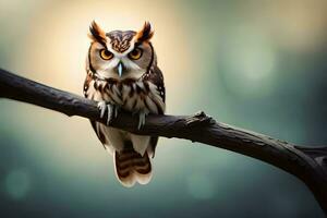 an owl sitting on a branch with a blurry background. AI-Generated photo