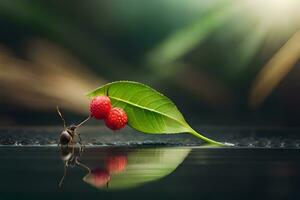 a bug and a leaf are sitting on the water. AI-Generated photo