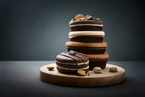 a stack of cupcakes on a wooden stand. AI-Generated photo