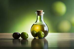 olive oil in a bottle and two green olives. AI-Generated photo