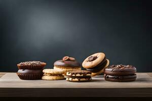 assortment of chocolate cookies on wooden table. AI-Generated photo