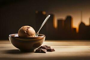 chocolate ice cream in a bowl with cityscape in the background. AI-Generated photo