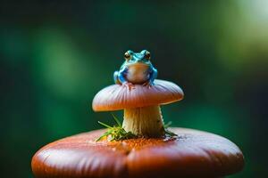 a blue frog sits on top of a mushroom. AI-Generated photo