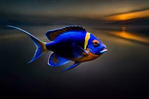 un azul y naranja pescado es mostrado en el agua. generado por ai foto