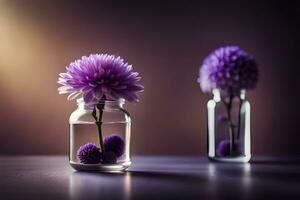 two glass jars with purple flowers in them. AI-Generated photo