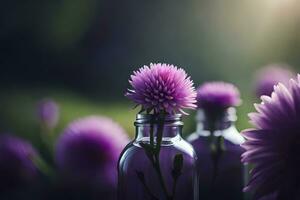 purple flowers in glass bottles on a green field. AI-Generated photo