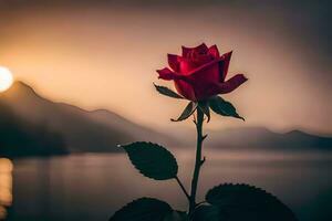 a red rose is in front of a lake and sunset. AI-Generated photo