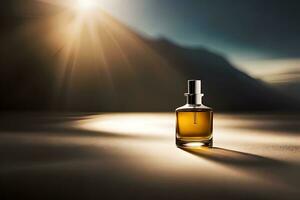 a bottle of perfume sitting on a table in front of a mountain. AI-Generated photo