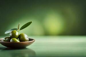 olives in a wooden bowl on a green background. AI-Generated photo