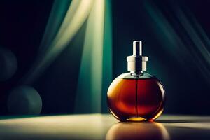 a bottle of perfume sitting on a table. AI-Generated photo