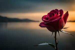 a single red rose is standing in front of a lake. AI-Generated photo