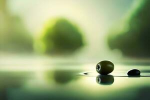 a green olive is floating in the water. AI-Generated photo