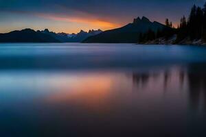 a beautiful sunset over a lake with mountains in the background. AI-Generated photo