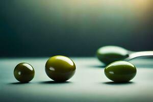 Tres verde aceitunas en un mesa con un cuchara. generado por ai foto