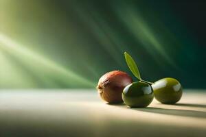 dos aceitunas en un mesa con un verde antecedentes. generado por ai foto