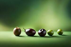 a row of olives on a green background. AI-Generated photo