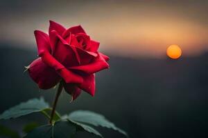 a red rose is in front of a sunset. AI-Generated photo