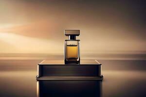 a bottle of perfume sitting on a table in front of the ocean. AI-Generated photo