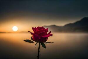 a single rose is in front of the sun at sunset. AI-Generated photo