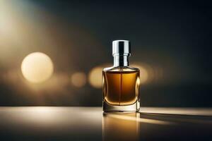 a bottle of perfume on a table with a light. AI-Generated photo