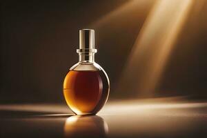 a bottle of perfume sitting on a table. AI-Generated photo