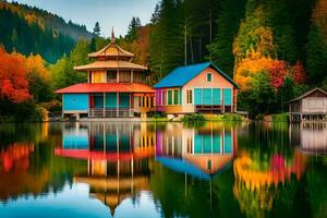 colorful houses on the shore of a lake. AI-Generated photo