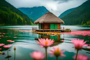 pink lotus flowers in the lake. AI-Generated photo