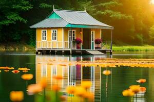 un pequeño casa se sienta en el borde de un lago. generado por ai foto