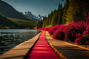 un rojo camino Guías a un lago con flores generado por ai foto