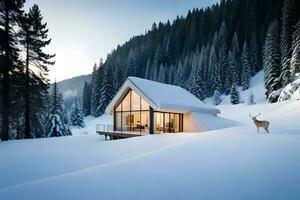 un pequeño cabina en el nieve con ciervo. generado por ai foto