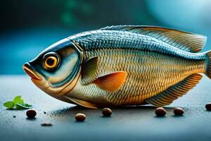 a fish is sitting on a table with some seeds. AI-Generated photo